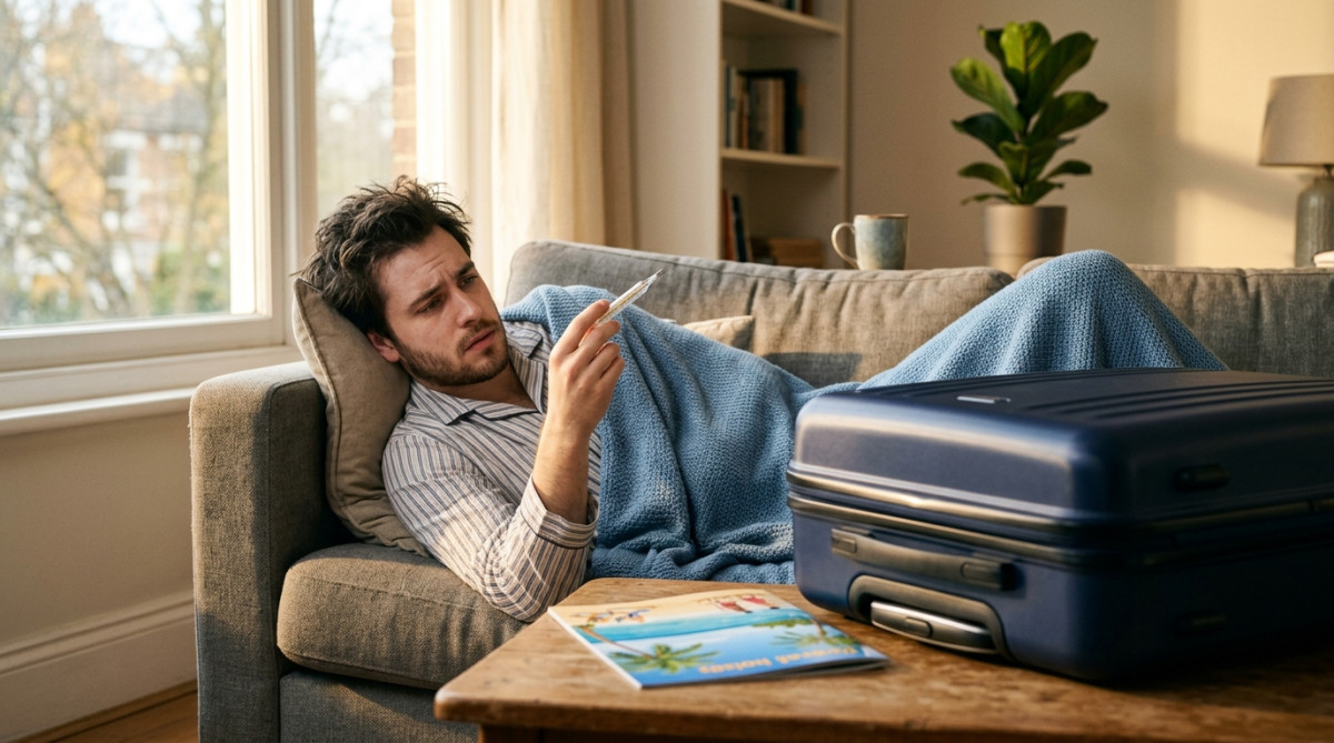 Homme malade sur son canapé avec valise de vacances