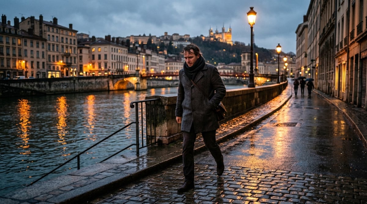 Homme marchant sous la pluie dans une rue de Lyon
