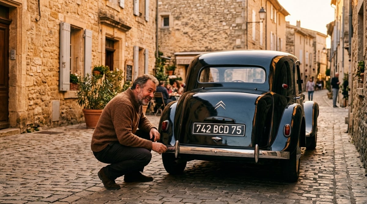 Homme observant la plaque d'une voiture ancienne