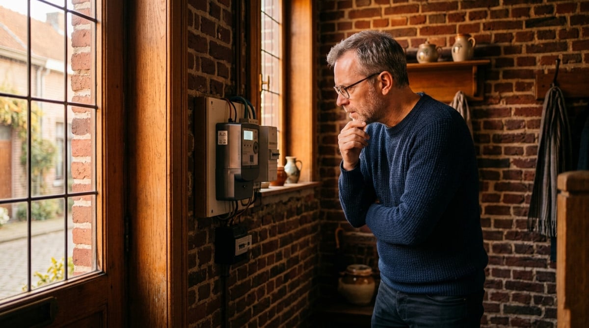 Homme observant son compteur d'électricité chez lui