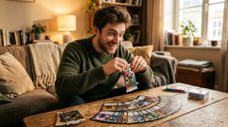 Homme ouvrant un paquet de cartes à collectionner brillant