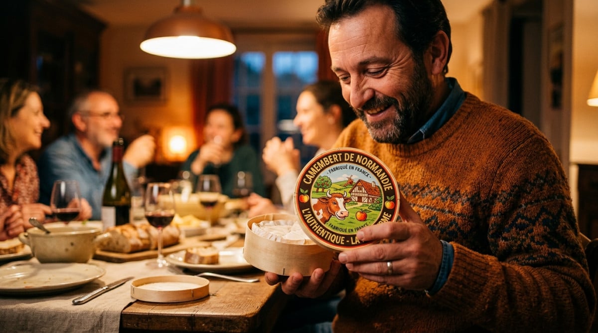 Homme ouvrant une boîte de camembert à étiquette ancienne