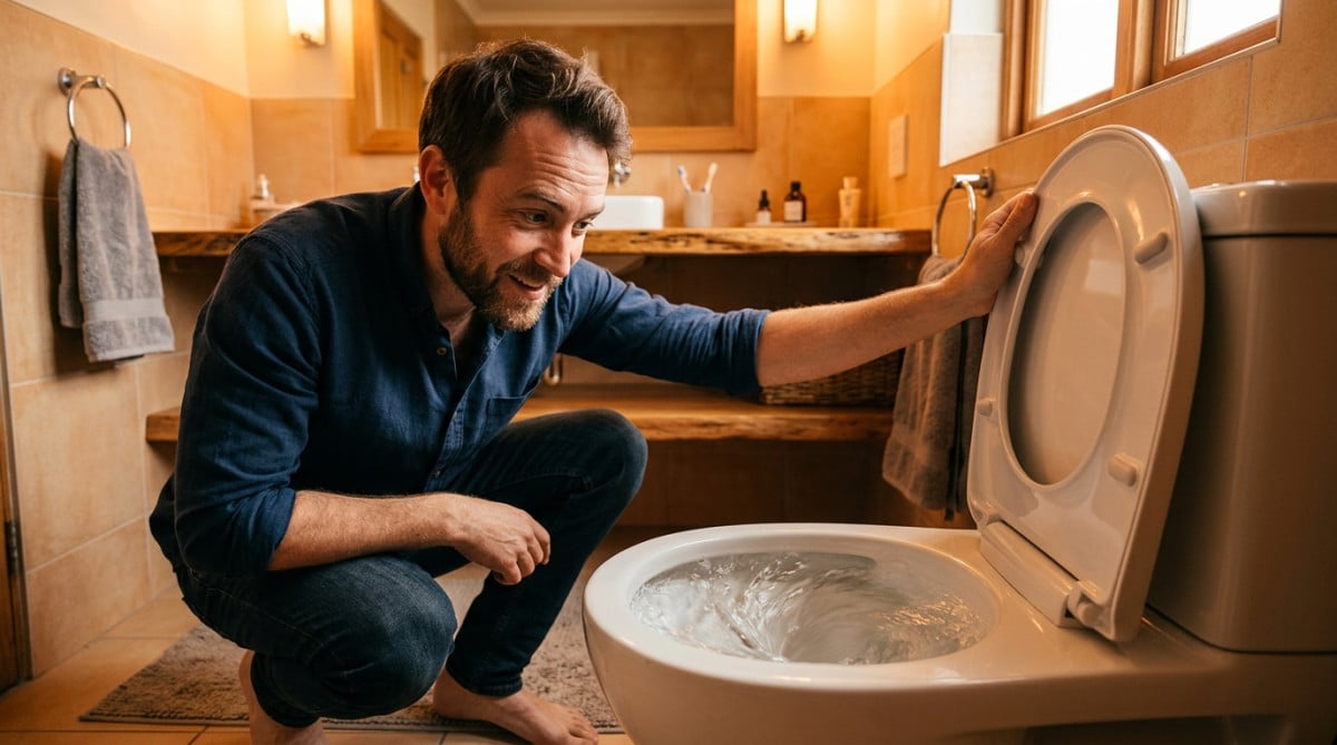 Homme perplexe devant une chasse d'eau qui tourbillonne