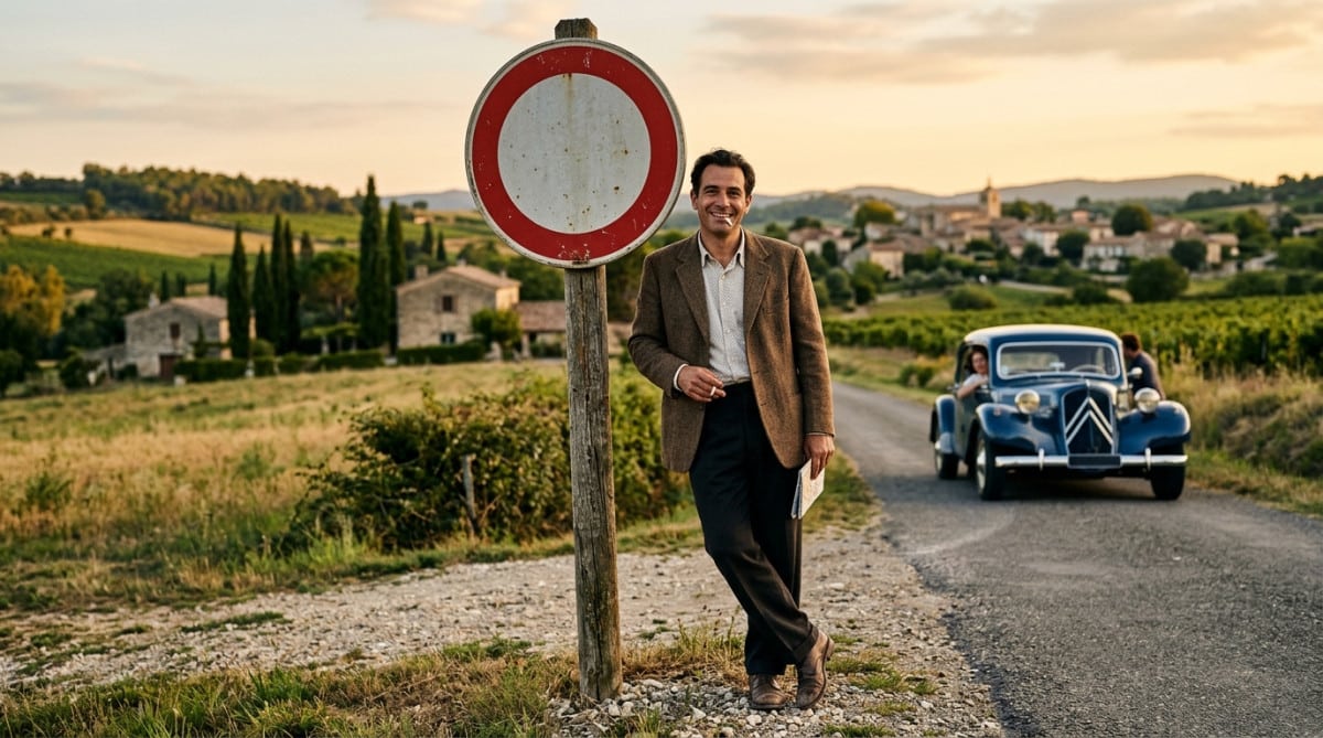 Homme près d'un ancien panneau routier rond des années 1950