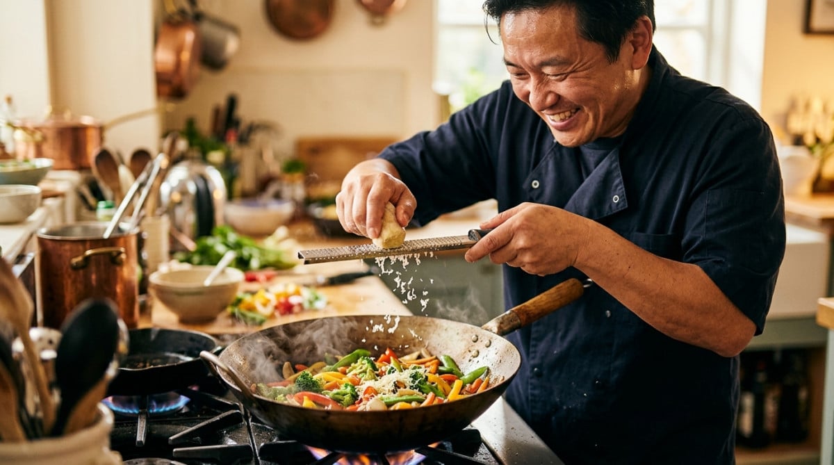 Homme râpant du gingembre congelé au-dessus d'un wok