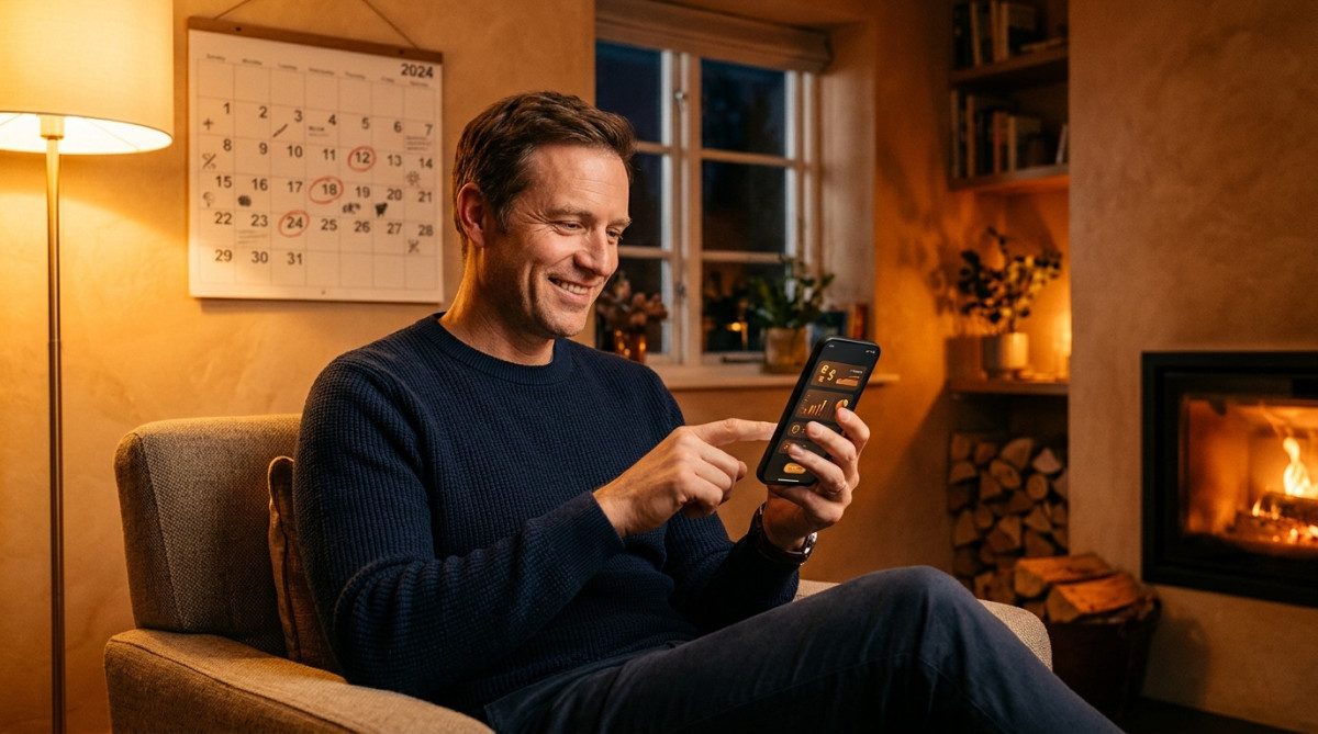Homme rassuré utilisant son application bancaire