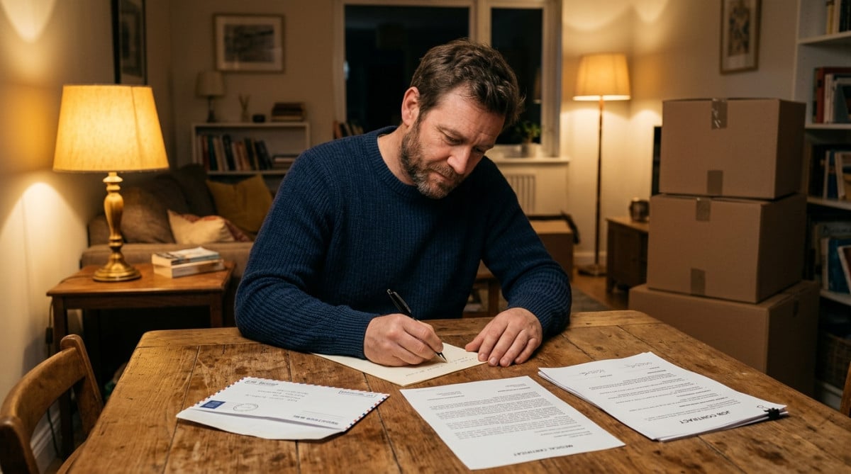 Homme rédigeant sa lettre de congé avec ses justificatifs