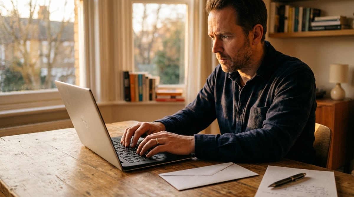 Homme rédigeant une lettre de réclamation sur son ordinateur