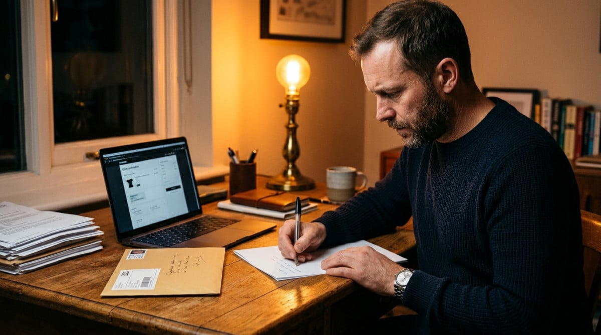 Homme rédigeant une lettre recommandée de mise en demeure