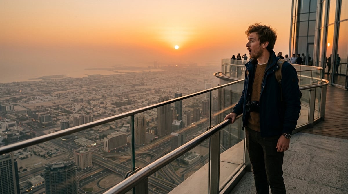 Homme regardant le coucher de soleil depuis une plateforme panoramique