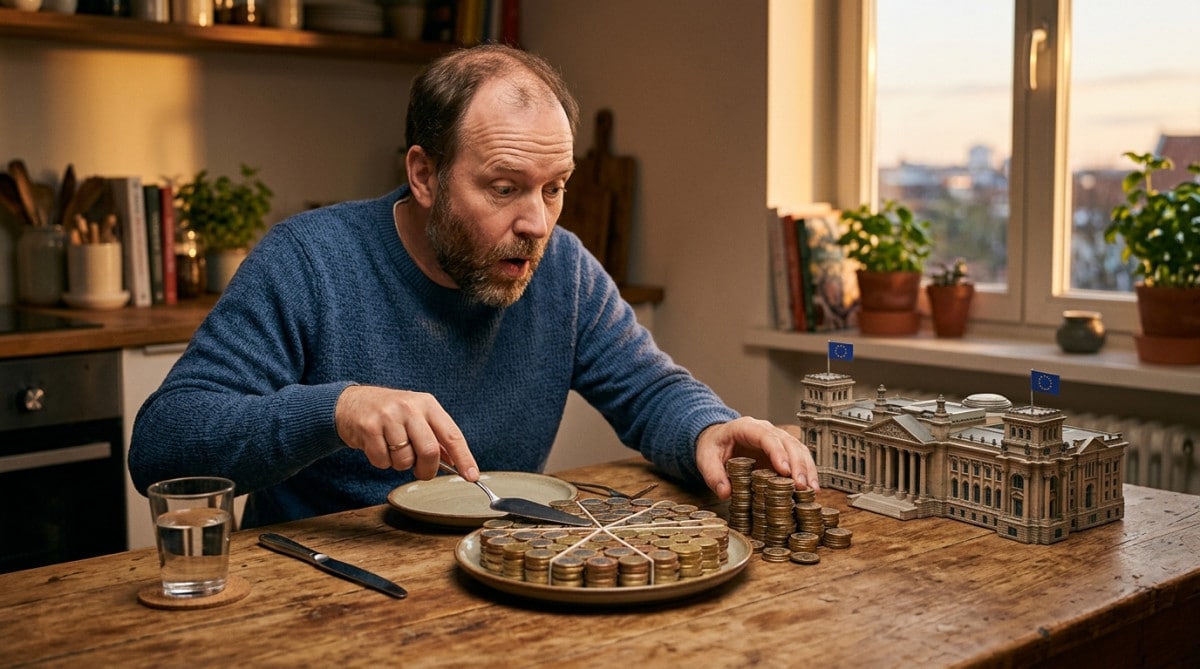 Homme répartissant des pièces d'euros en parts sur une table