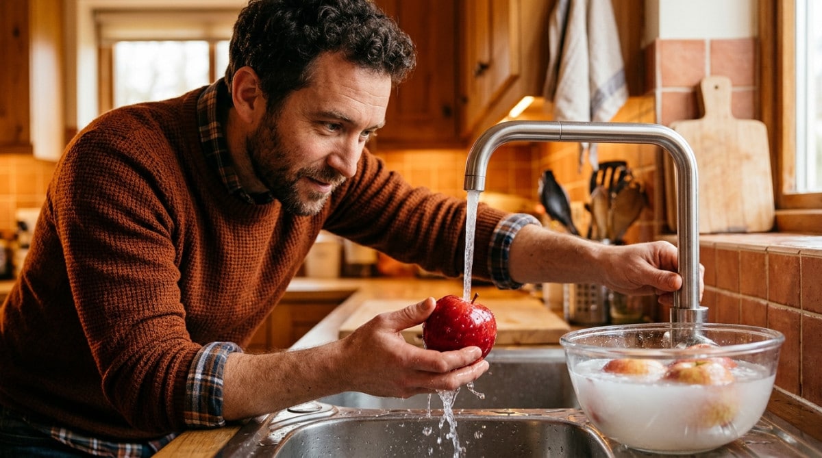 Homme rinçant une pomme après un bain au bicarbonate