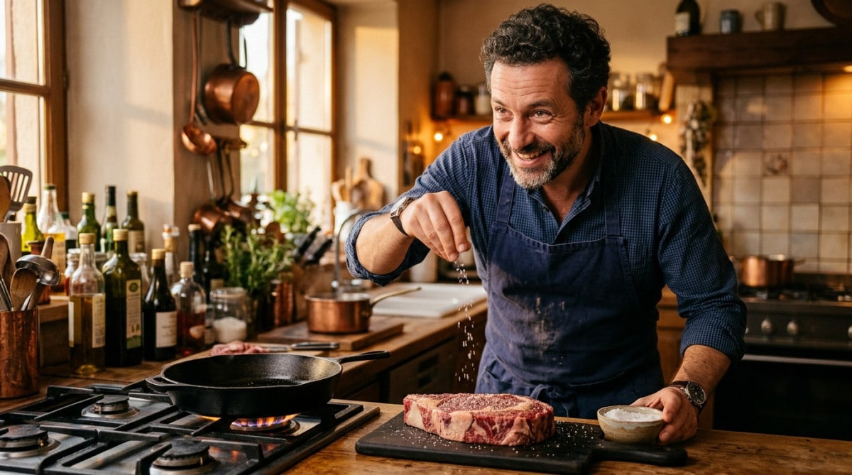Homme salant un steak cru avant la poêle