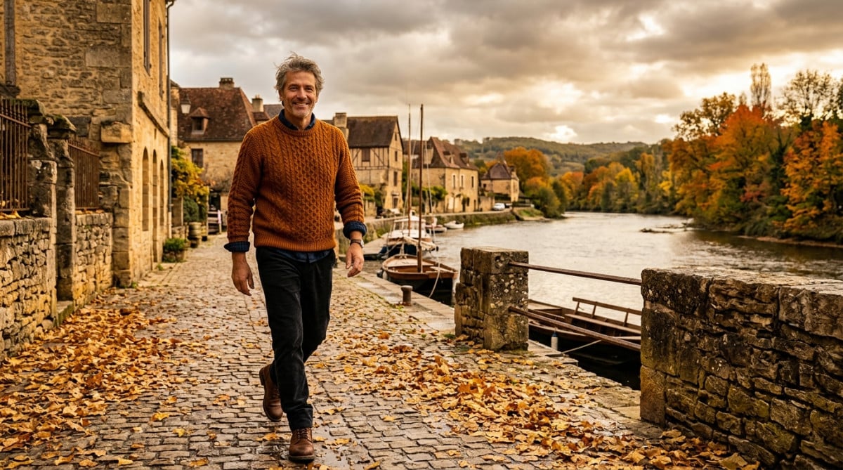 Homme se promenant sous un ciel couvert mais sec dans le Sud-Ouest