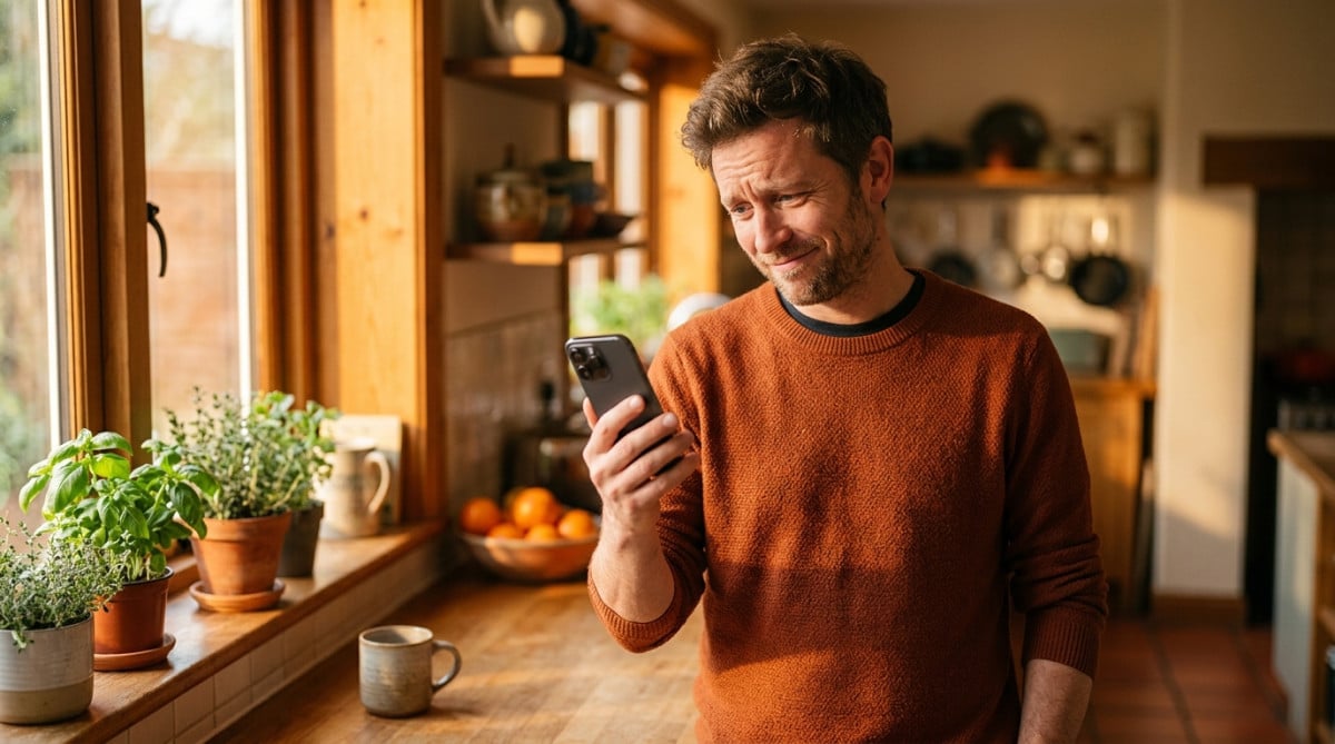 Homme secouant son iPhone dans une cuisine ensoleillée