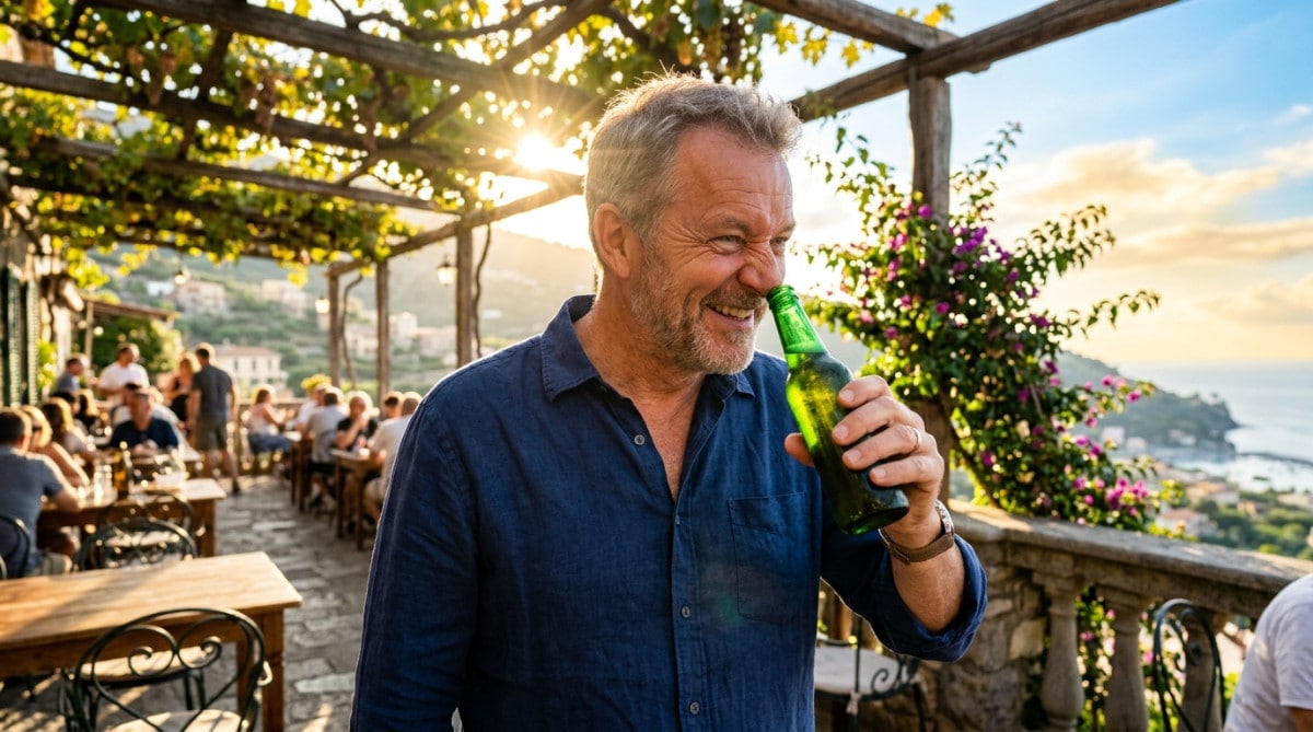 Homme sentant une bière en bouteille verte au soleil