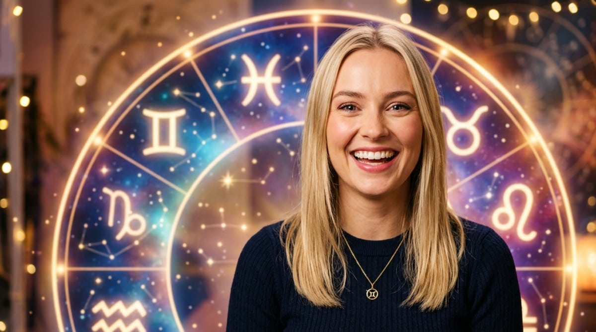 Homme serein tenant une roue zodiacale lumineuse au coucher du soleil, horoscope de la semaine