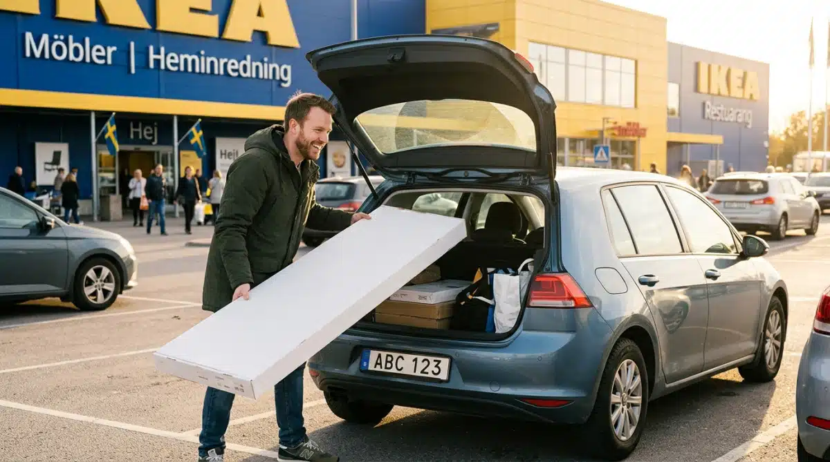 Homme sortant un carton plat de meuble d'un coffre