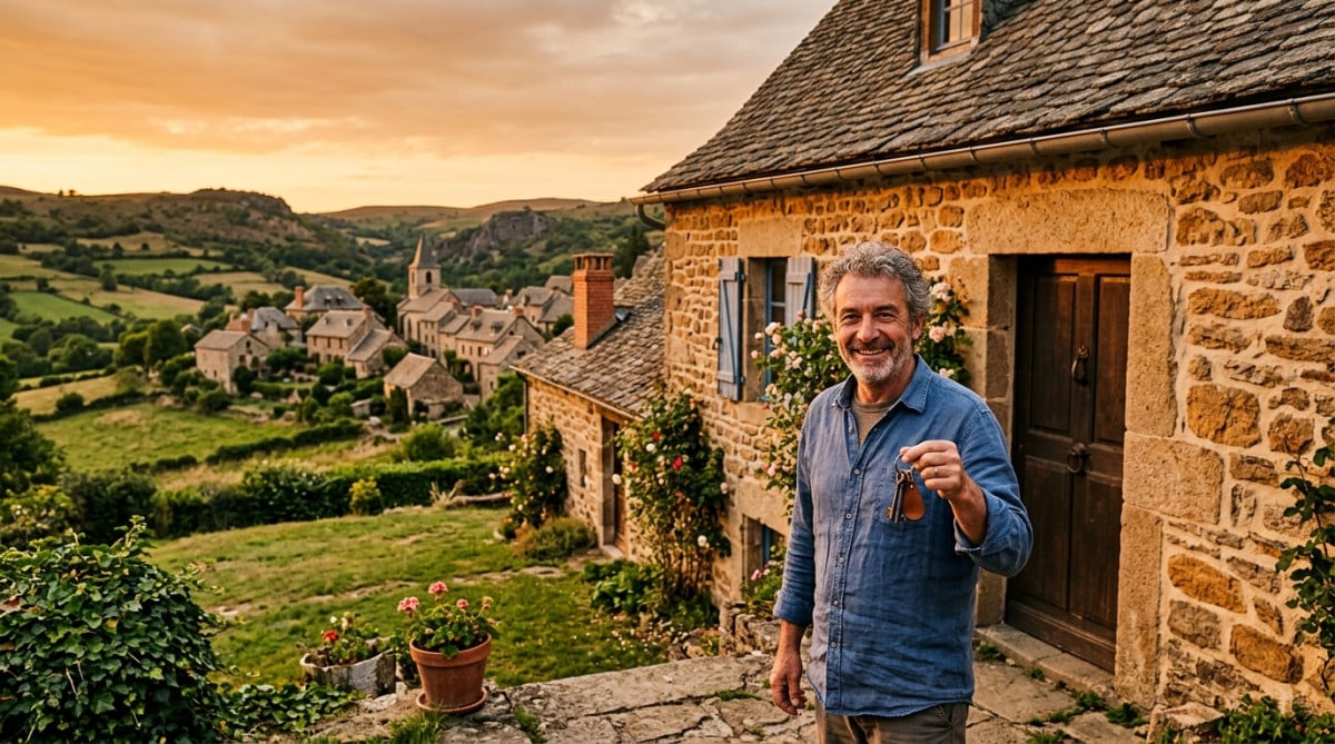 Homme souriant devant une maison de famille en Lozère