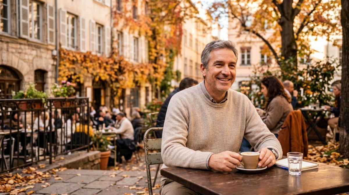 Homme souriant en terrasse ensoleillée à Lyon en automne