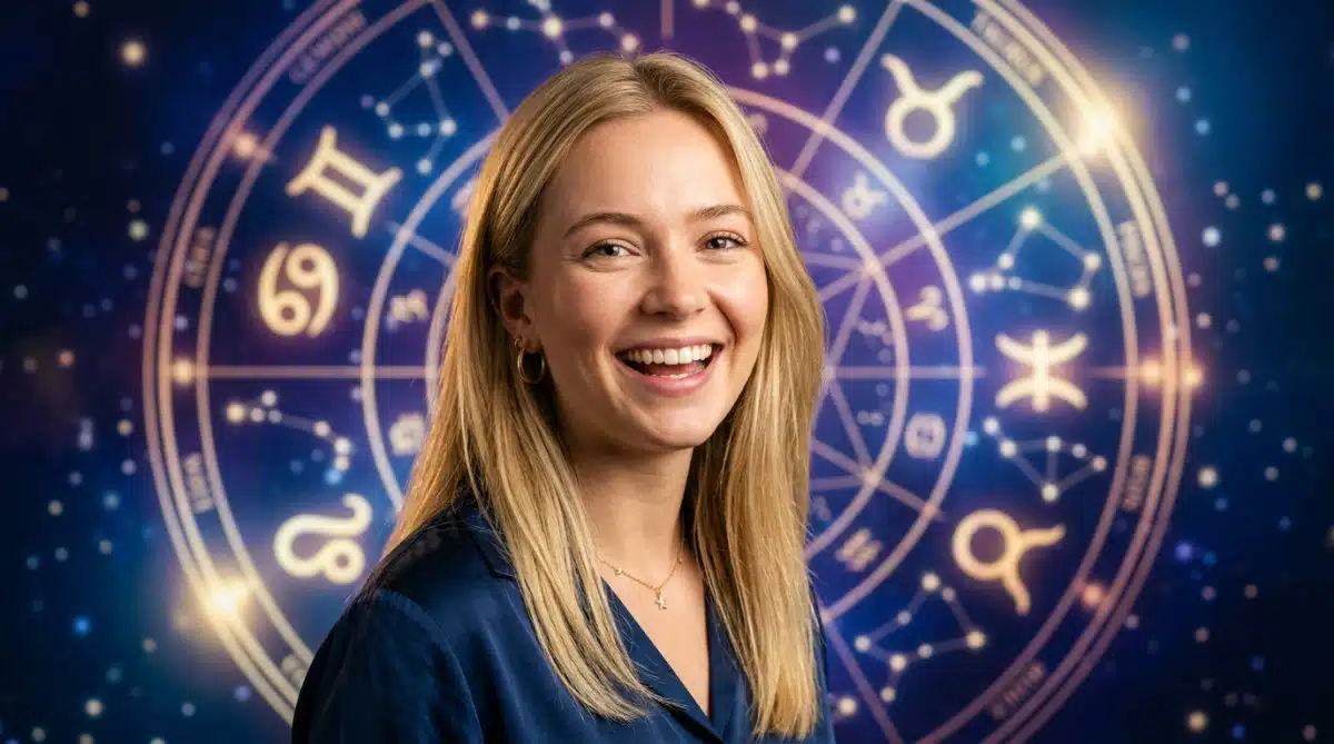 Homme souriant les bras ouverts sous des constellations lumineuses pour l'horoscope du mercredi