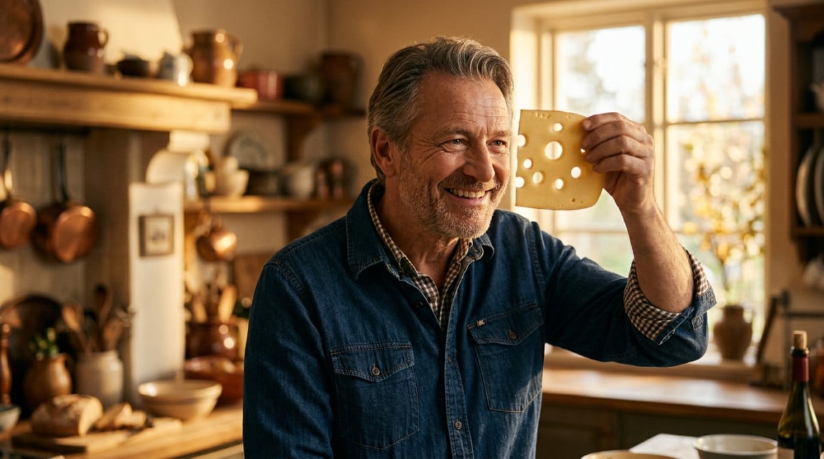 Homme souriant observant une tranche d'emmental à trous