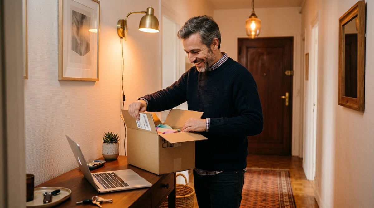 Homme souriant ouvrant un colis livré chez lui
