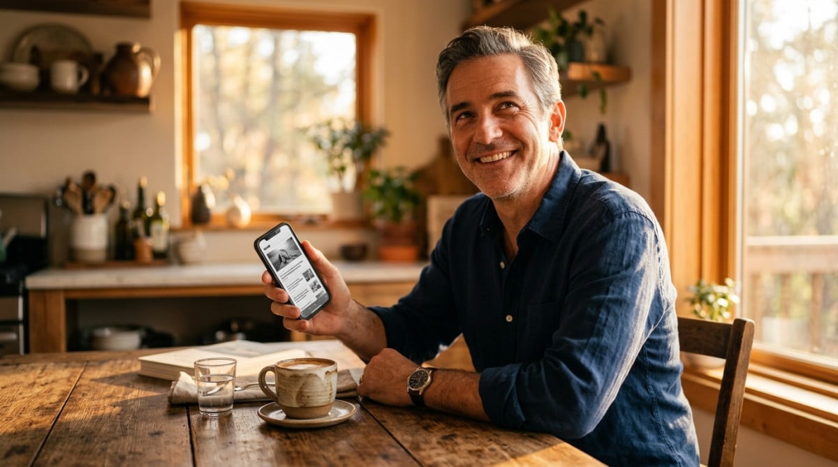 Homme souriant tenant un smartphone en niveaux de gris