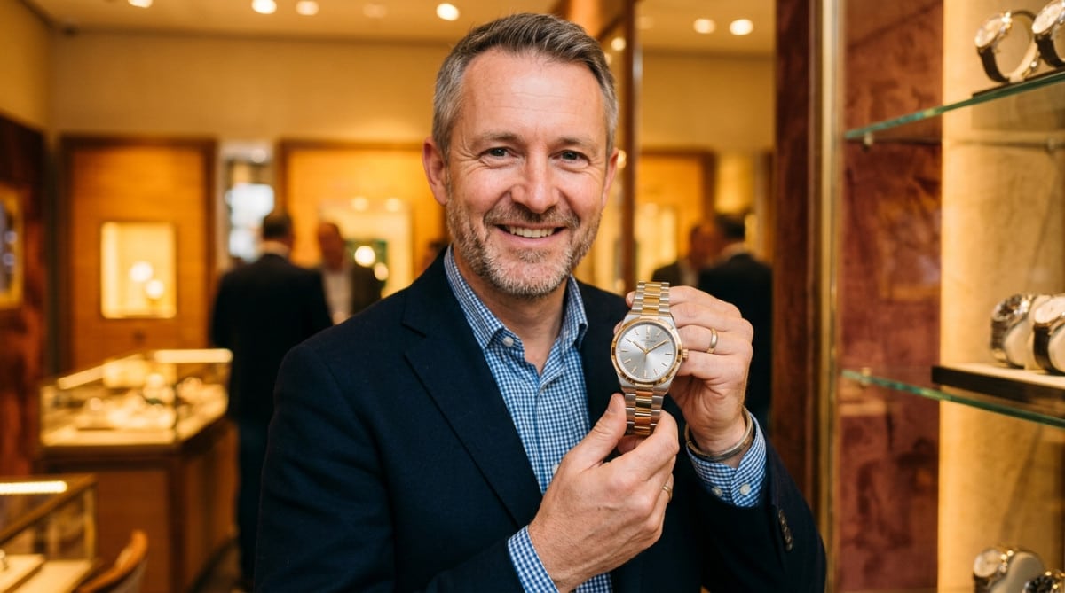 Homme souriant tenant une montre aux aiguilles en V