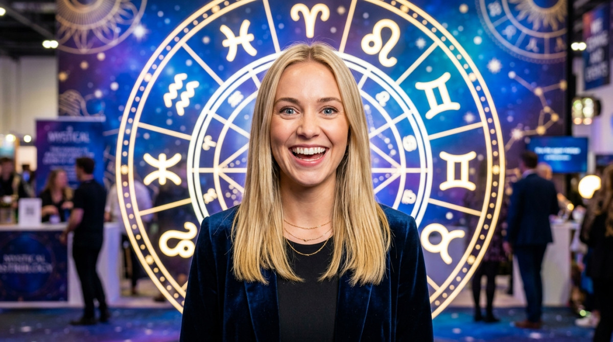 Homme souriant tenant une roue zodiacale lumineuse dans un paysage d'automne mystique