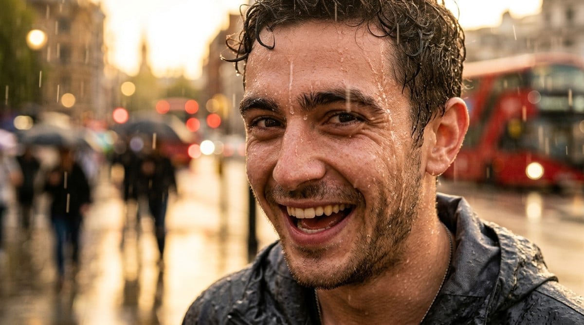 Homme sous la pluie, sourcils qui dévient les gouttes