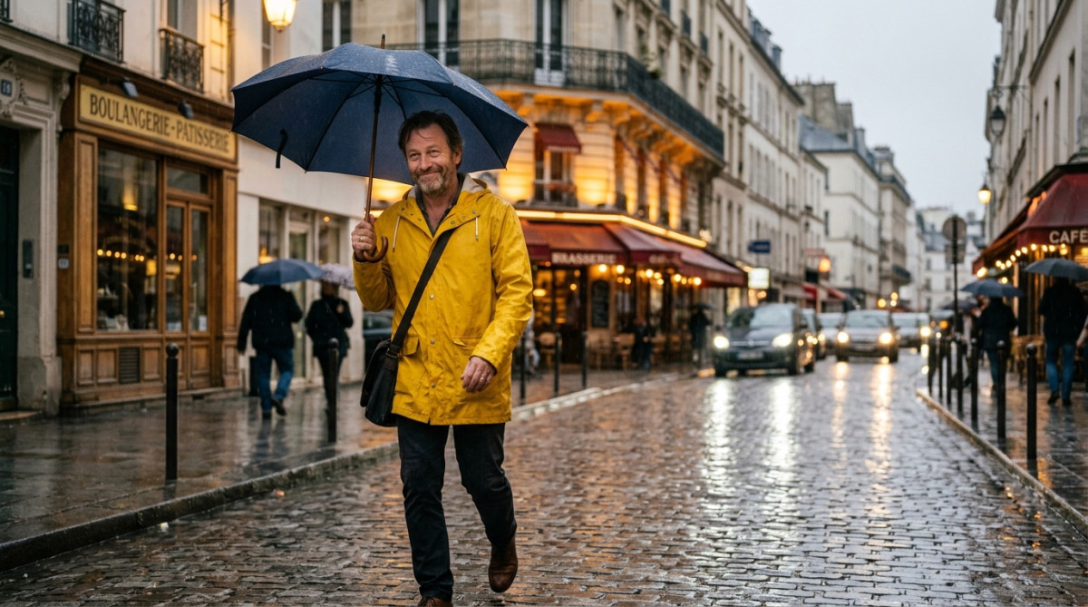 Homme sous un parapluie dans une rue parisienne pluvieuse