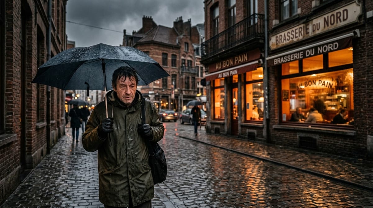 Homme sous un parapluie dans une rue pluvieuse de Lille