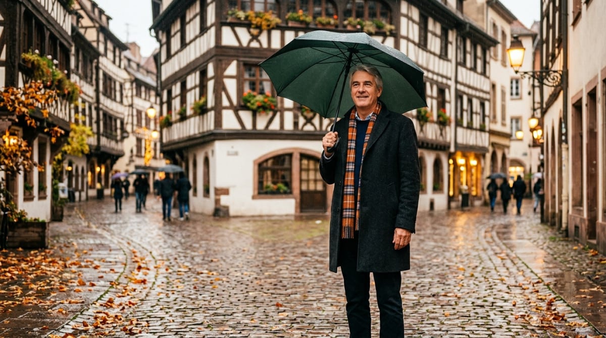 Homme sous un parapluie dans une rue pluvieuse de Strasbourg