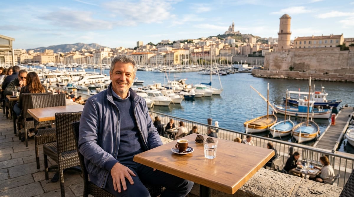 Homme sur une terrasse ensoleillée face au port de Marseille