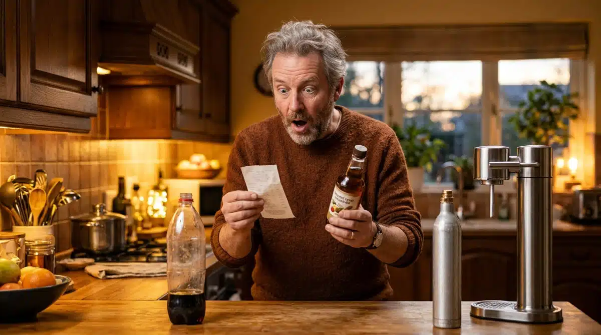 Homme surpris devant un flacon de sirop et un ticket