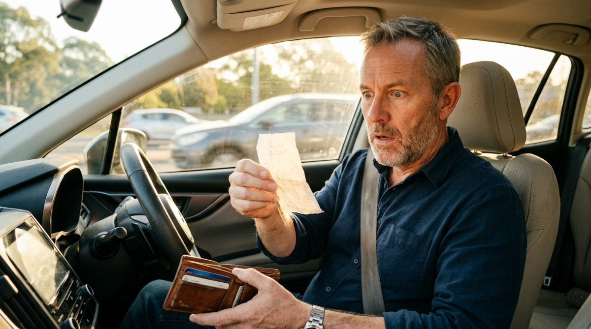 Homme surpris devant un ticket de caisse presque blanc