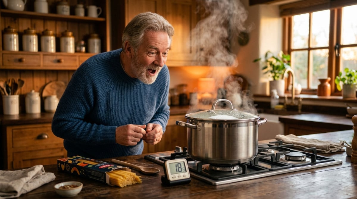 Homme surpris devant une casserole de pâtes feu éteint