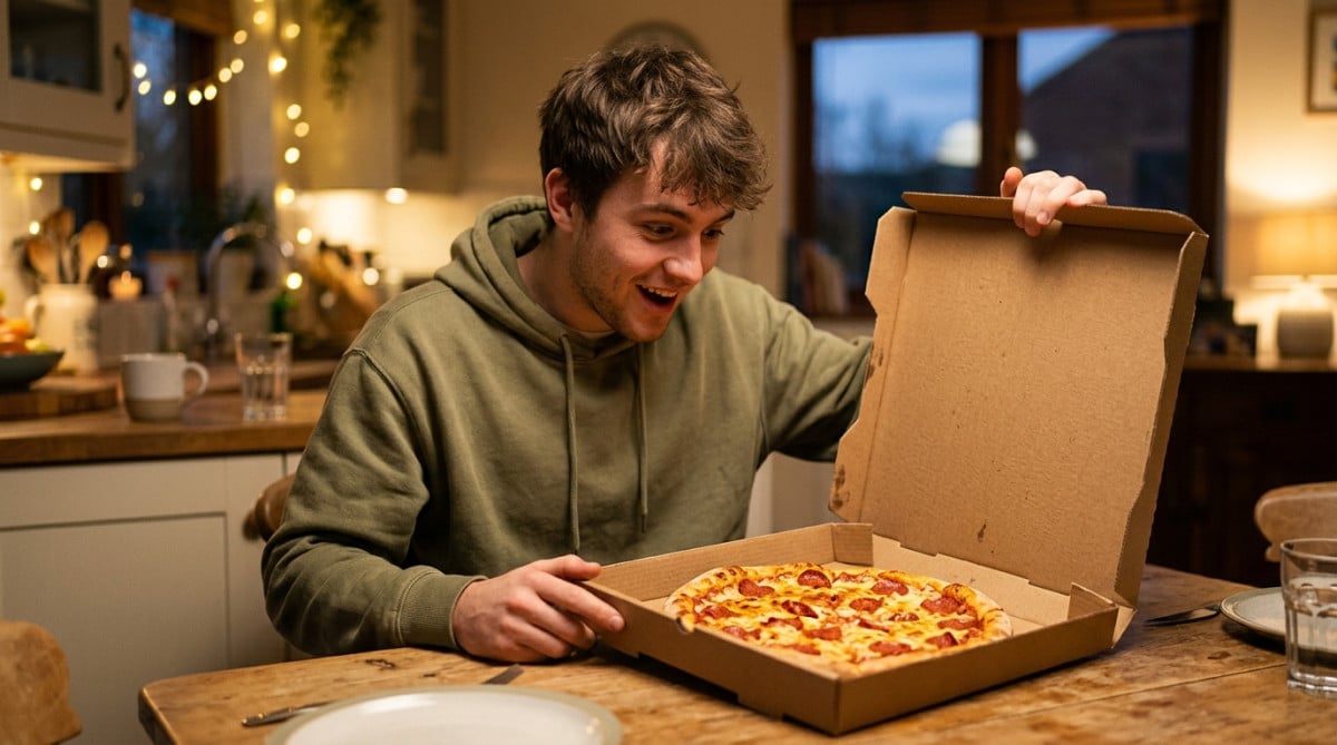 Homme surpris devant une pizza ronde dans sa boîte carrée