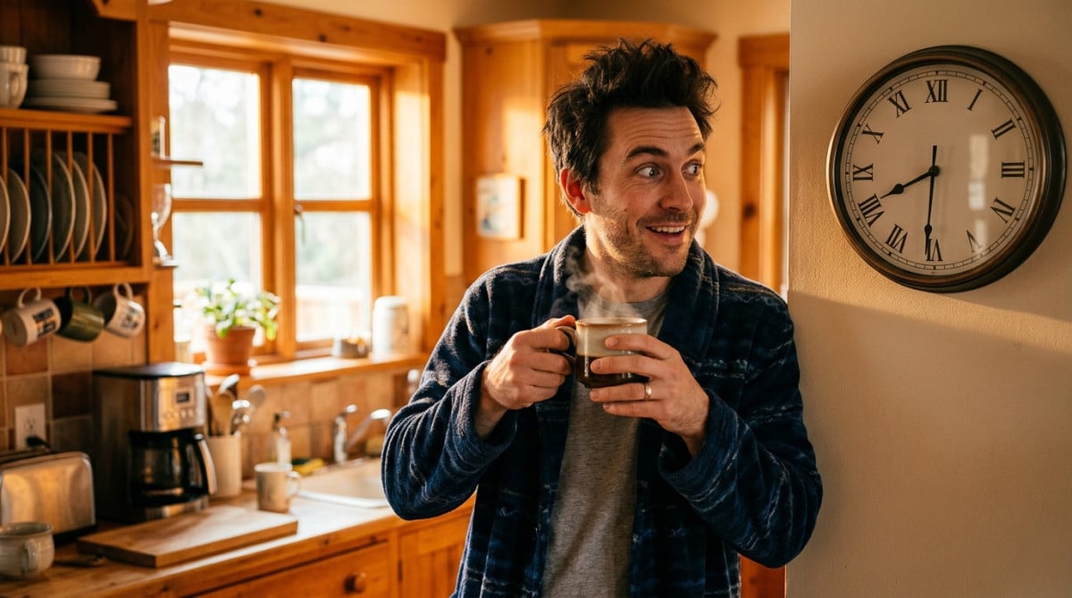 Homme surpris tenant une tasse de café fumante