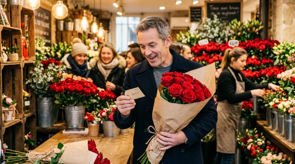 Homme tenant un bouquet de roses rouges chez un fleuriste