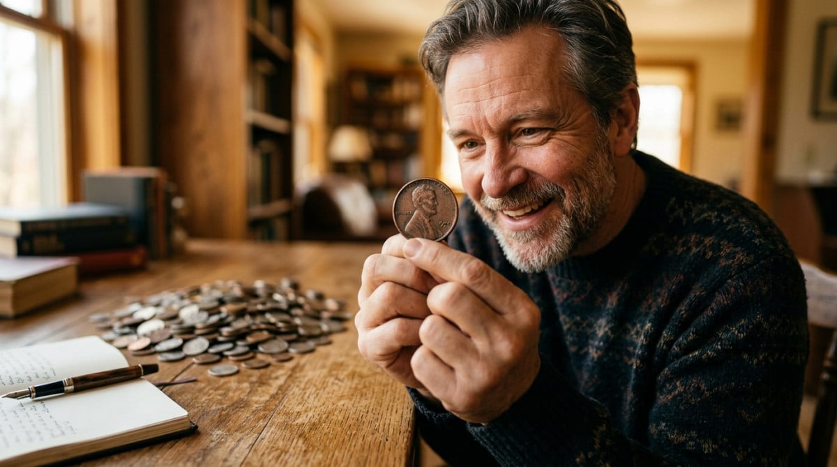 Homme tenant un penny américain devant des pièces