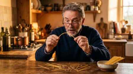Homme tenant un spaghetti plié dans sa cuisine
