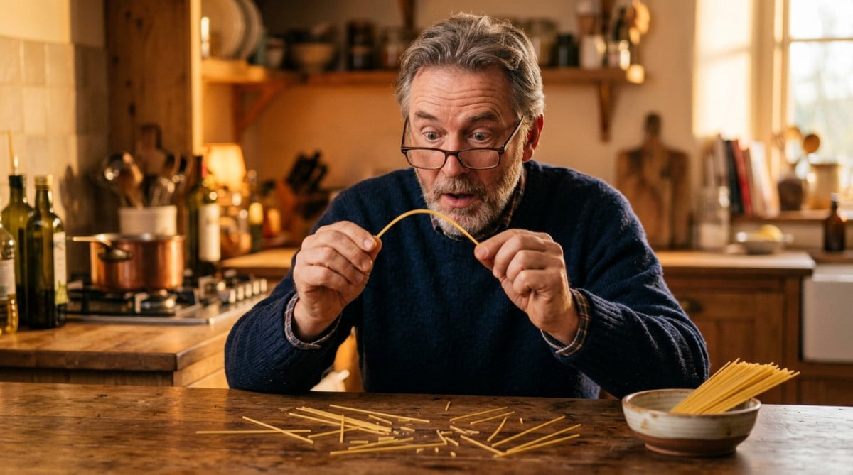 Homme tenant un spaghetti plié dans sa cuisine