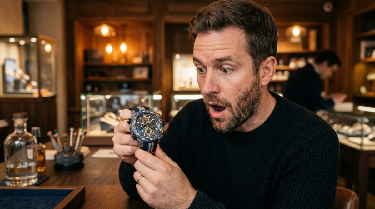 Homme tenant une montre colorée en biocéramique