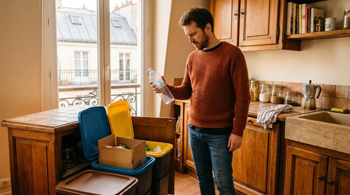 Homme triant ses déchets dans une cuisine parisienne