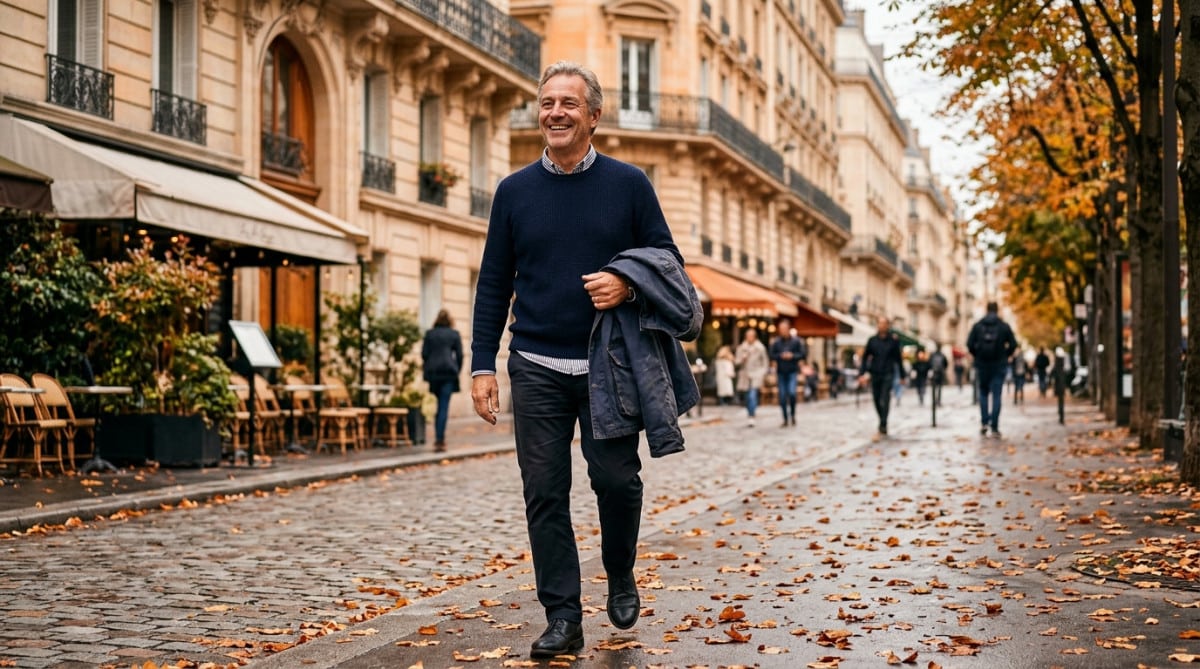 Homme veste sur le bras par une douce après-midi d'automne à Paris