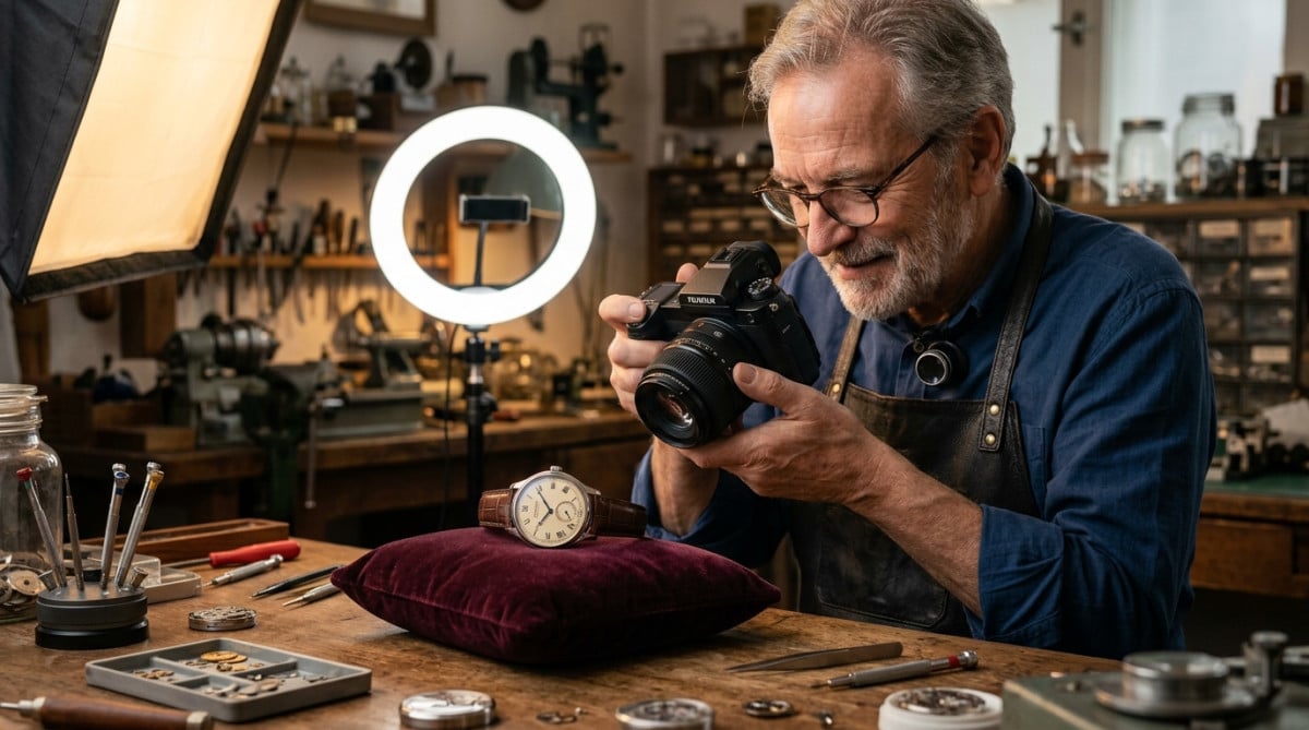 Horloger photographiant une montre réglée sur dix heures dix