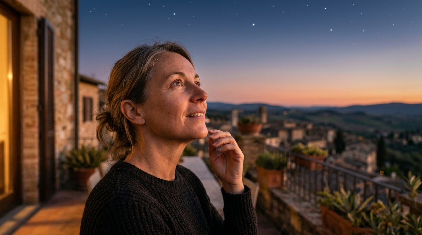Femme levant les yeux vers un ciel étoilé au crépuscule
