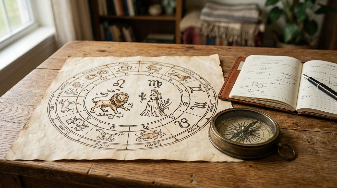 Roue zodiacale dessinée à la main sur un bureau ordonné